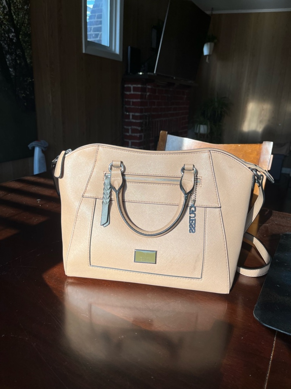 Guess Tan Leather Bag with Top Handles and Detachable Long Strap